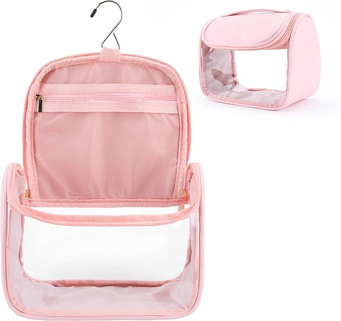 YFG Travel Toiletry Bag for Women & Men, Transparent Cosmetic Organizer with Hook, Portable, Organizer, for Travel-Sized Shampoo, makeup Accessories, Brushes Set, Conditioner, Medium Size Pink
