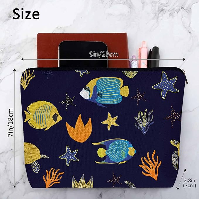 Kalygon Sea Animal Makeup Bags Makeup Organizer, Ocean Sea Turtle Starfish Seaweed Flax Toiletry Bags Travel Cosmetic Bag Makeup Purse Pouch Skincare Bag Wallet Bags For Women Female Mom Daughter
