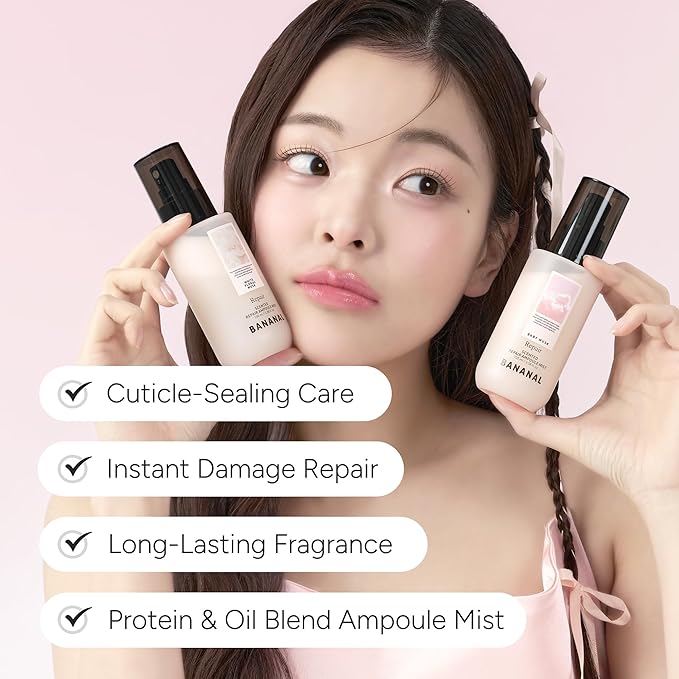 BANANAL Korean Scented Hair Serum Mist – Argan Oil & Silk Protein Ampoule for Nourishing, Frizz Control, Damaged Repair & Glass Hair Shine – Baby Musk, 100ml / 3.38 fl oz