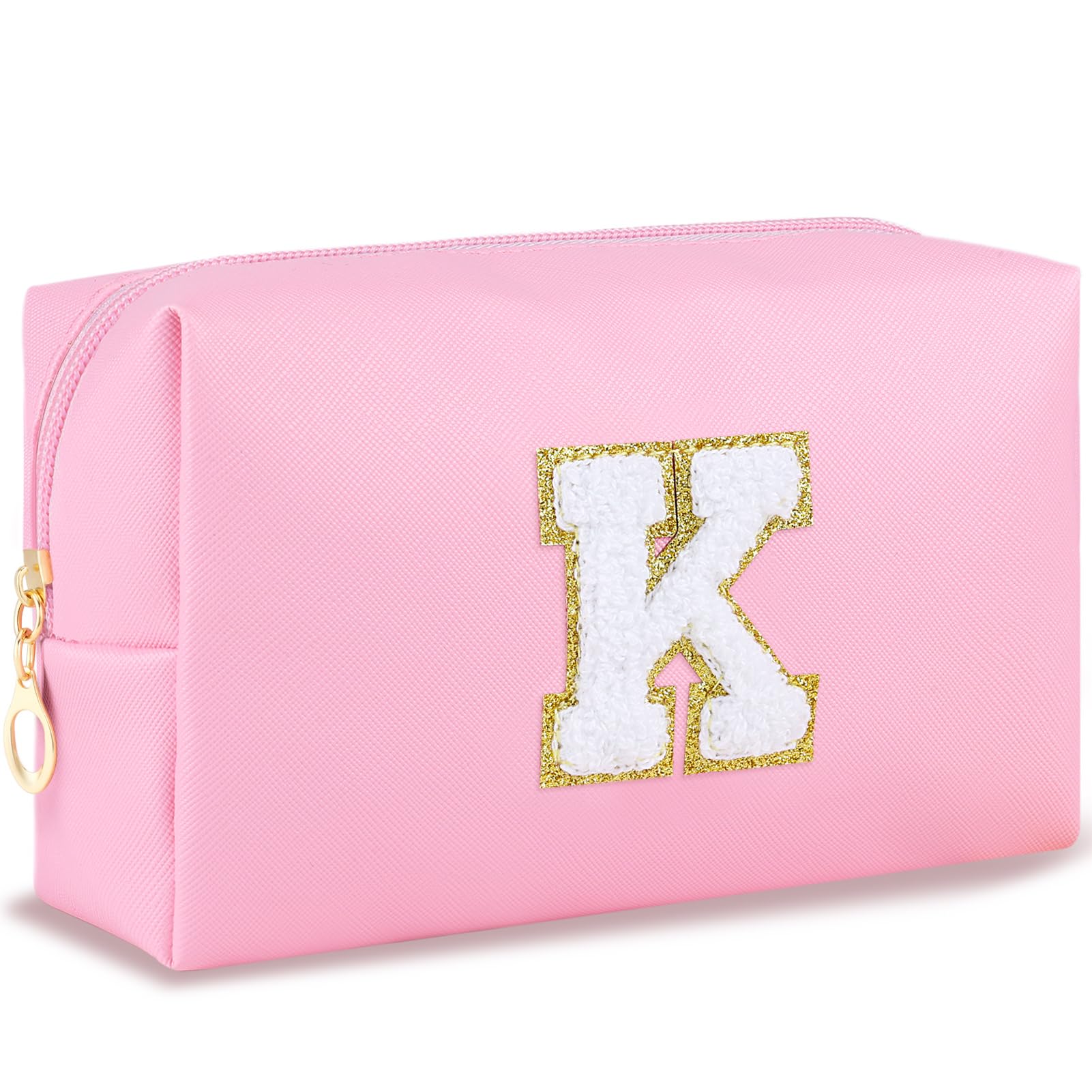 URSKYTOUS Initial Preppy Makeup Bag Travel Small Cosmetic Bag Cute Pink Personalized Preppy Makeup Pouch Zippered PU Toiletry Bag Christmas Birthday Gifts for Women Mom Teacher Friends(K)