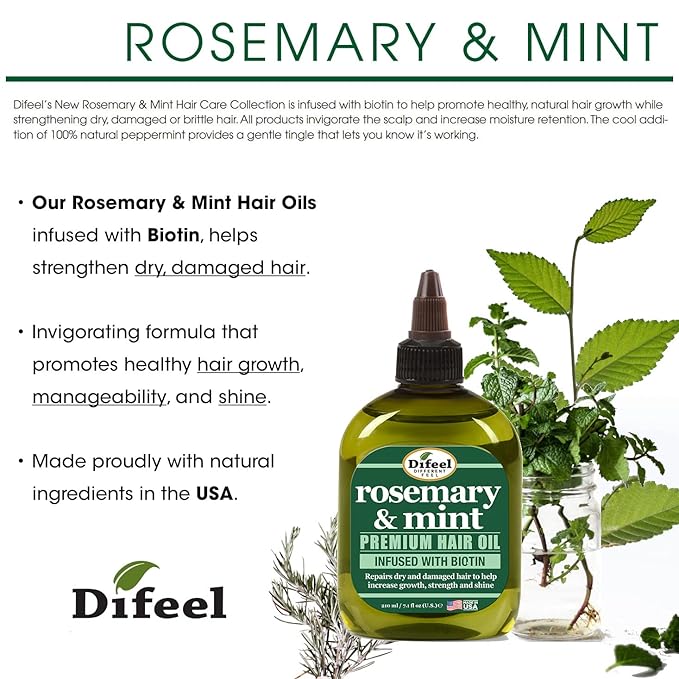 Difeel Rosemary and Mint Hair Oil Blend with Biotin 7.1 Ounce - Strengthening Scalp & Hair Treatment Oil Blend, Nourishes Dry Damaged Hair, Adds Shine & Moisture