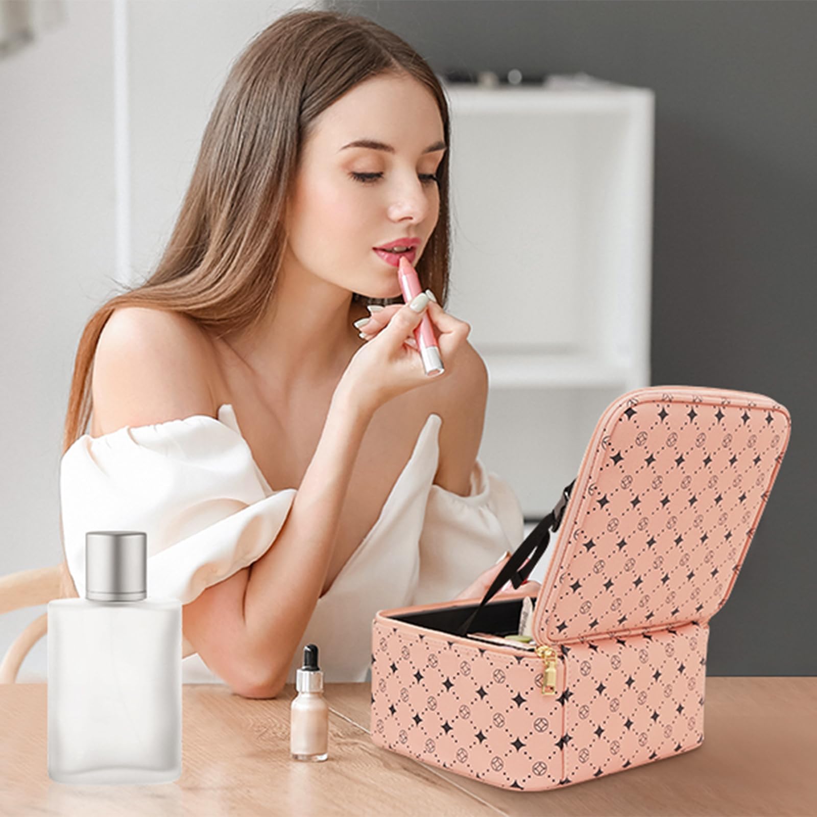 M Y U R E N Travel Makeup Bag With 360° rotating LED Mirror,Waterproof cosmetic organizer,Portability Cosmetic case,Makeup organizer,Gift for Women,Girls Gift (Pink)