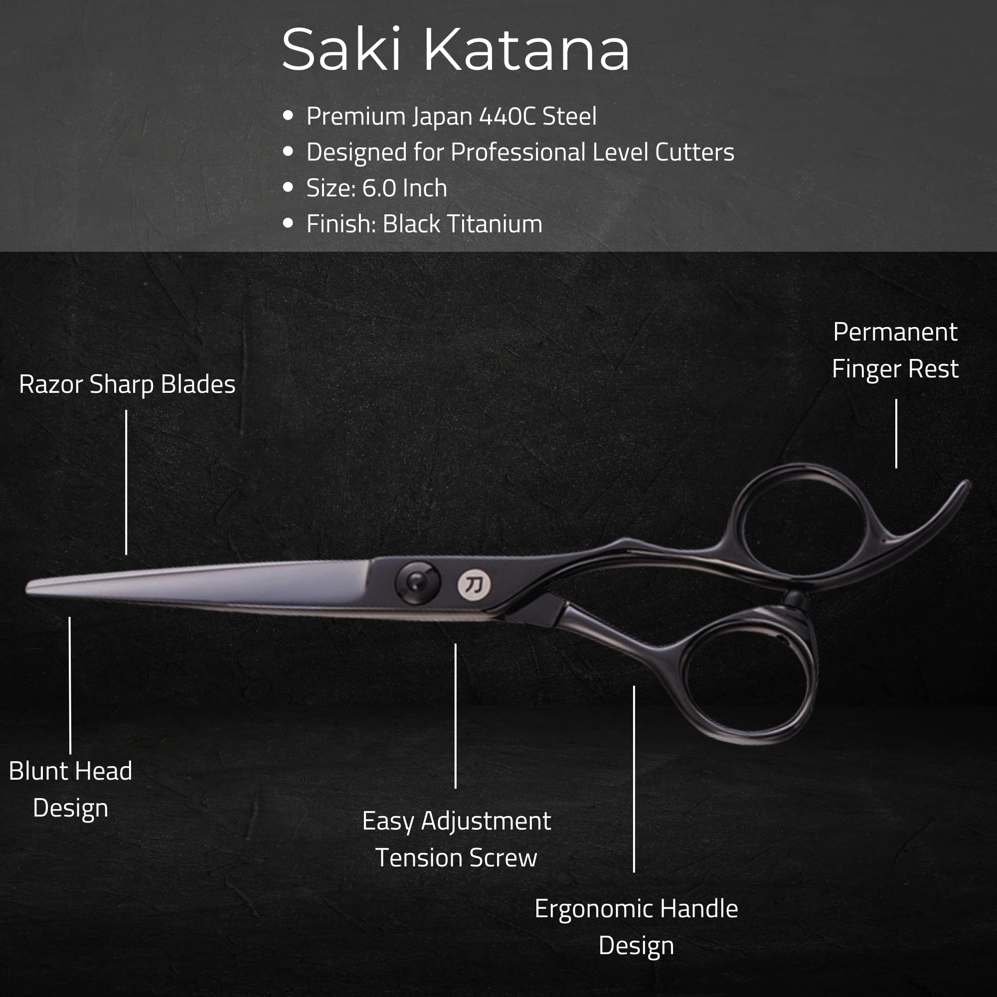 Saki Shears Katana Hair Cutting Scissors for Professionals - Japanese Hair Shears with Black Finish