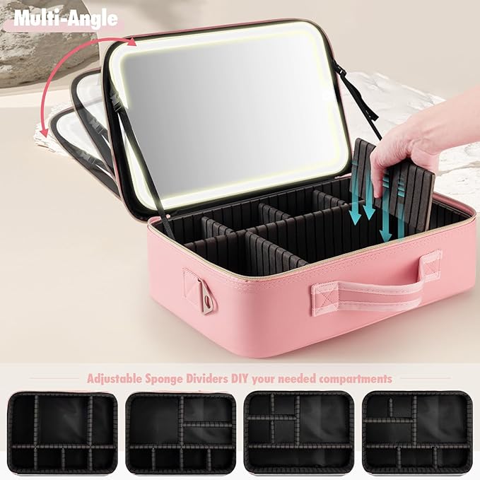 JJhxr 15''X11'' Makeup Bag with Removeable Lighted Mirror, Travel Makeup Case with 3 Color Lights Dimmable Brightness, Large Capacity Cosmetic Organizer Case with Detachable Dividers & Shoulder Strap