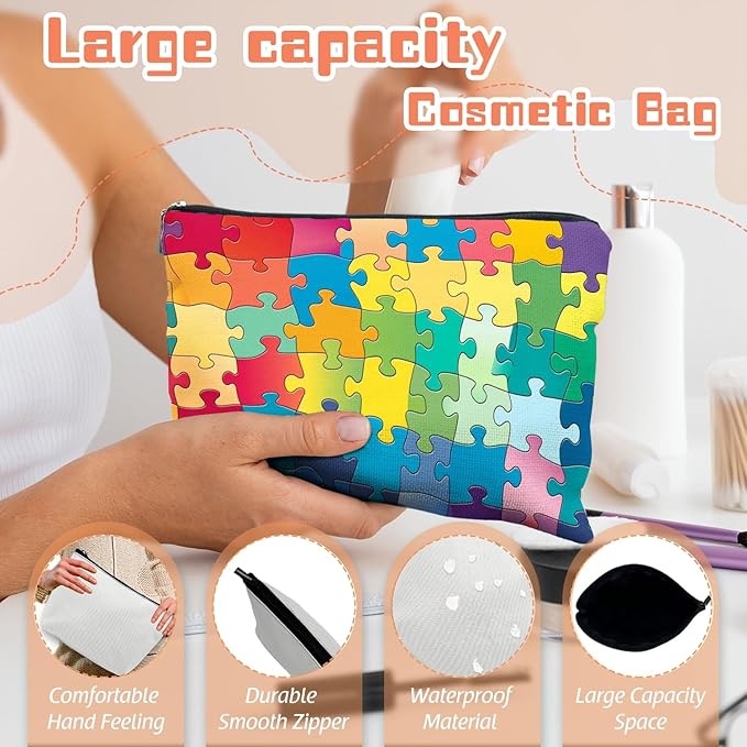 Scribesense Makeup Bag Travel Cosmetic Bags Small Makeup Case Waterproof Zipper Pouch for Women Girls 7X9inches - Colorful Puzzle Pieces Pattern