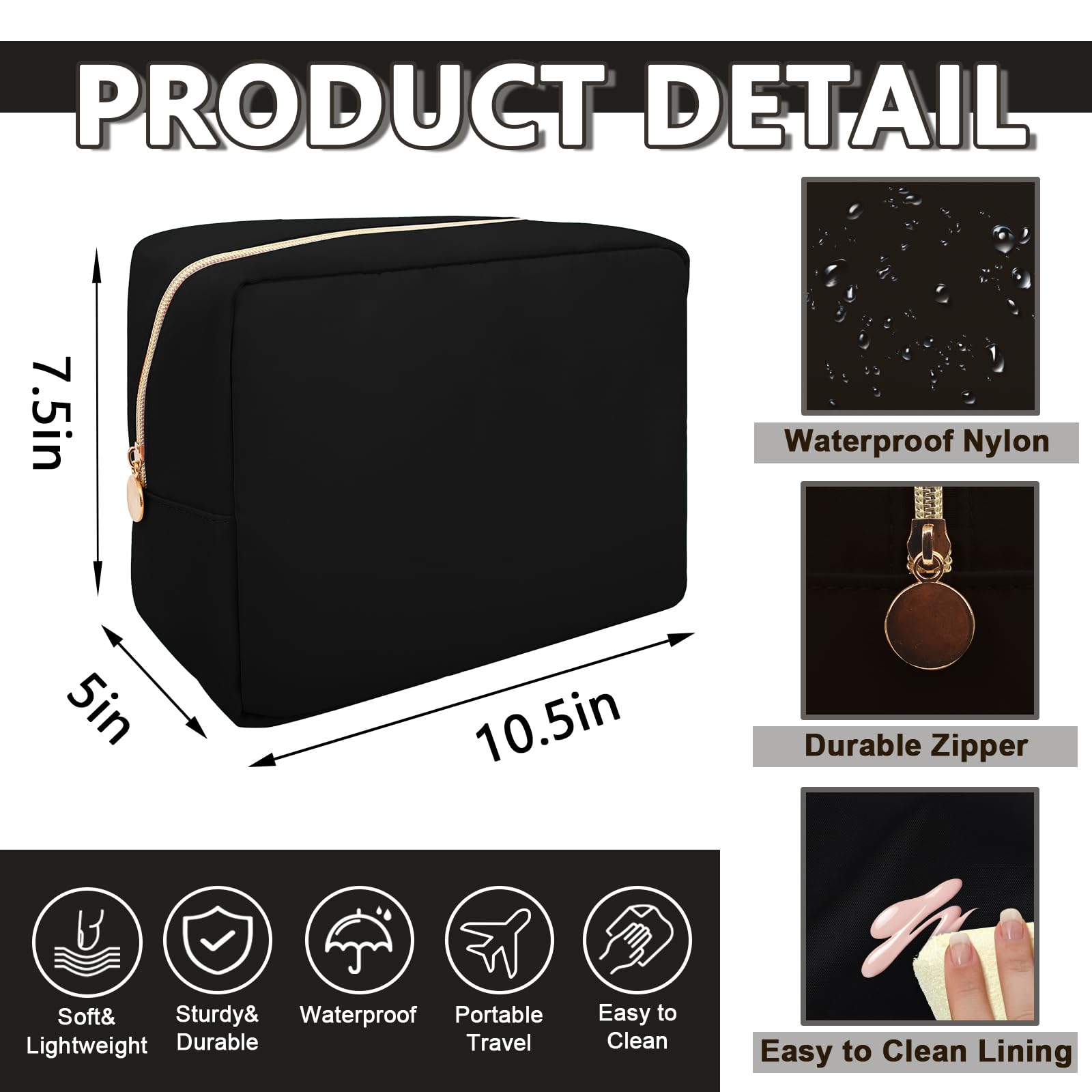 UIXIZQ Waterproof Large Makeup Pouch,Nylon Women Travel Toiletry Storage Preppy Cosmetic Bag for Girls,Big Makeup Organizer Bag Cute Zipper Pouch for Sport Work Gift(Large-Black)