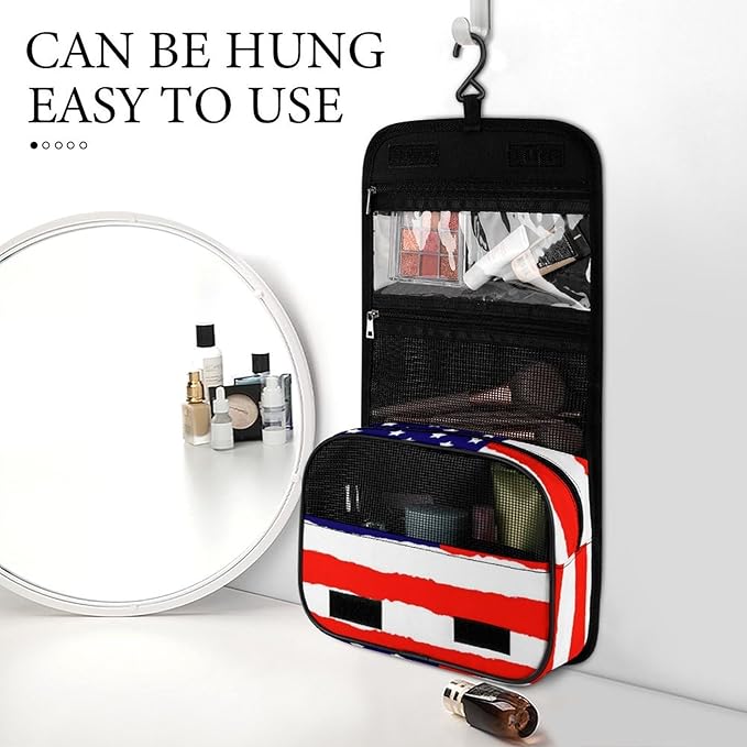 CWECVWE Travel Toiletry Bag, Portable Makeup Bag with Hanging Hook, Hanging Organizer for Women Men Shampoo, Conditioner, Brushes Set, Red Blue White American Flag