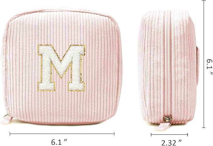 Cute Makeup Bag for Women - Monogram Personalized Initial Makeup Bags Cosmetic Pouch Pink Make Up Case for Women Her Best Friend Friendship Sister Teacher, Mothers Day Gifts for Mom (Letter M, Pink)