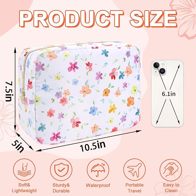 UIXIZQ Waterproof Large Floral Makeup Pouch,Nylon Travel Toiletry Storage Purse Preppy Cosmetic Bag for Women Girl,Large Capacity Makeup Organizer Zipper Pouch for Work(L Colorful-Flowers)