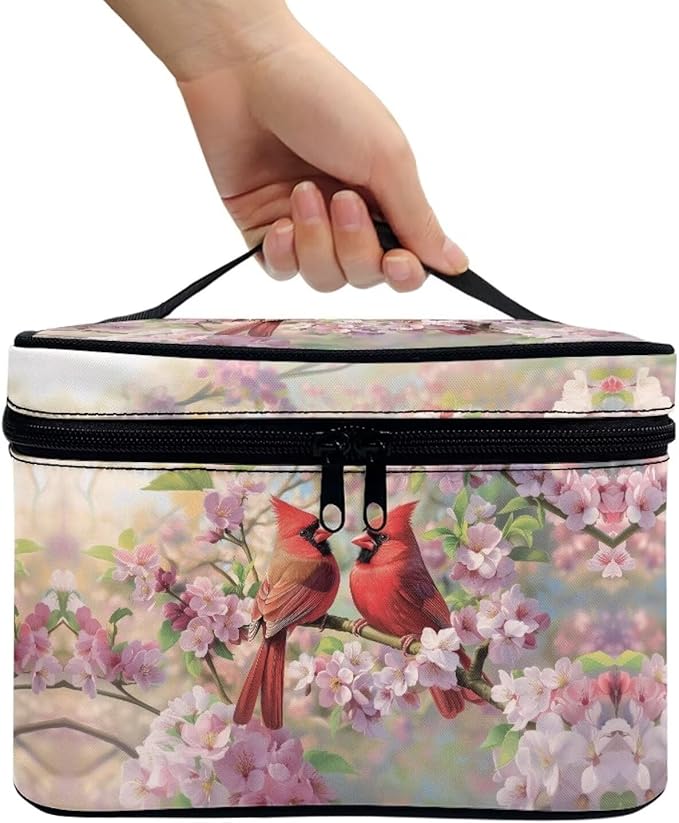Drydeepin Cardinal Pink Cherry Blossom Print Travel Makeup Bags for Women Portable Tote Cosmetic Case with Carry Handle Toiletry Accessories Storage Organizer Bags