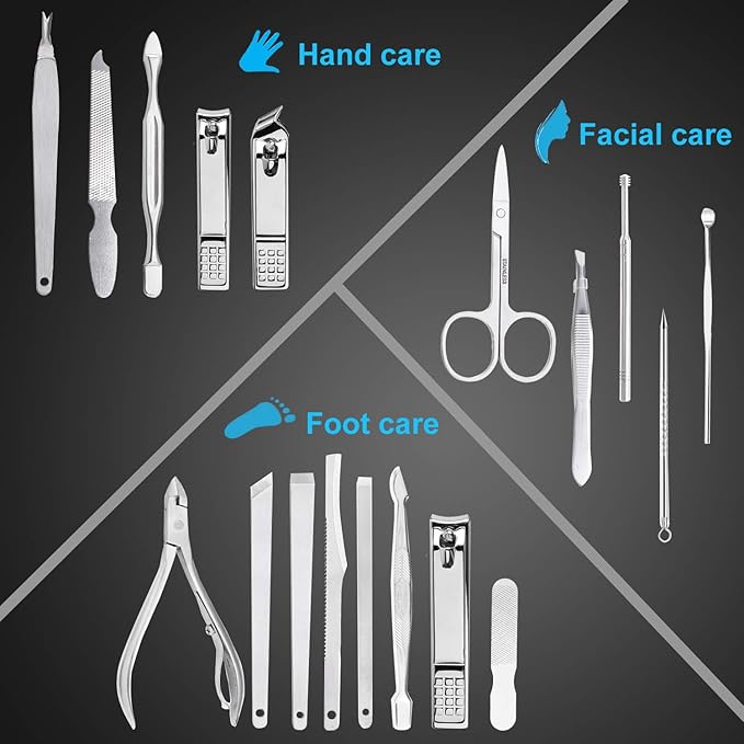 Yougai Manicure Set 18 Pieces Professional Nail Clippers Pedicure Kit Men Women, Stainless Steel Fingernail Toenail Cutters, Nail Care Grooming Tools with Leather Travel Case