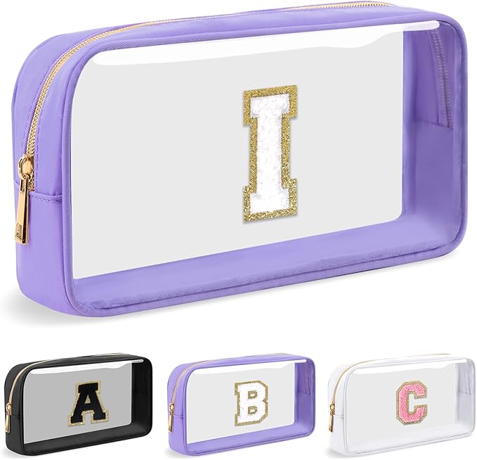 UIXIZQ Personalized Initial Letter Clear Makeup Bag,Preppy Small Nylon&PVC Cosmetic Zipper Bag with Chenille Letter,Travel Skincare Toiletry Bag,Monogram Christmas Gift for Teen Girls Women,I