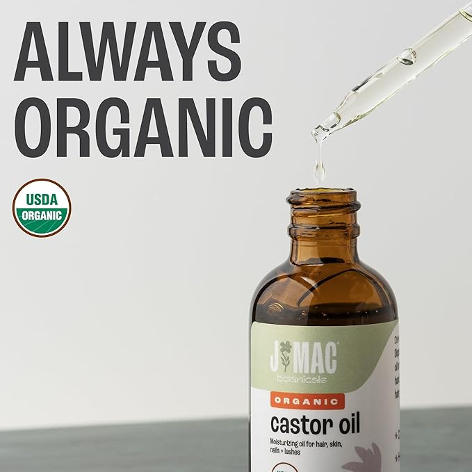 J MAC BOTANICALS Organic Castor Oil Cold Pressed in Amber Glass Bottle (2 oz with Dropper) USDA Certified, Hexane Free - Moisturizing Oil for Hair, Skin, Face, Eyelashes, Brows, & Nails