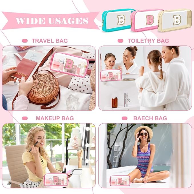 Personalized Initial Letter Clear Makeup Bag,Preppy Small Nylon&PVC Cosmetic Zipper Bag with Chenille Letter,Portable Beach Travel Skincare Toiletry Bag,Trendy Monogram Gift for Teen Girls Women,B