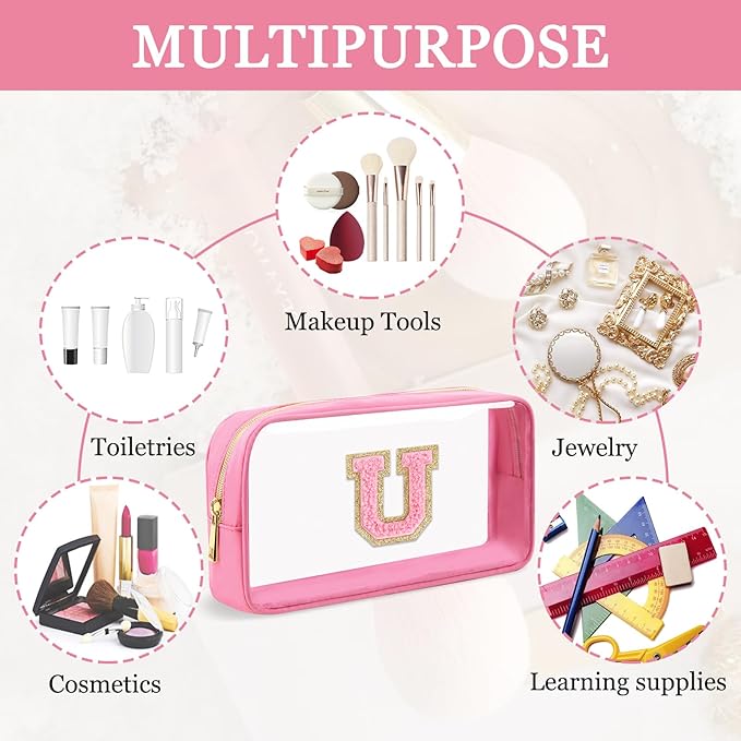 Small Clear Personalized Initial Makeup Bag, Preppy Nylon A-Z Chenille Letter Patch Makeup Organizer TSA Approved Travel Toiletry Bag,Waterproof Zip Beach Cosmetic Pouch Purse for Women(Pink-Pink U)