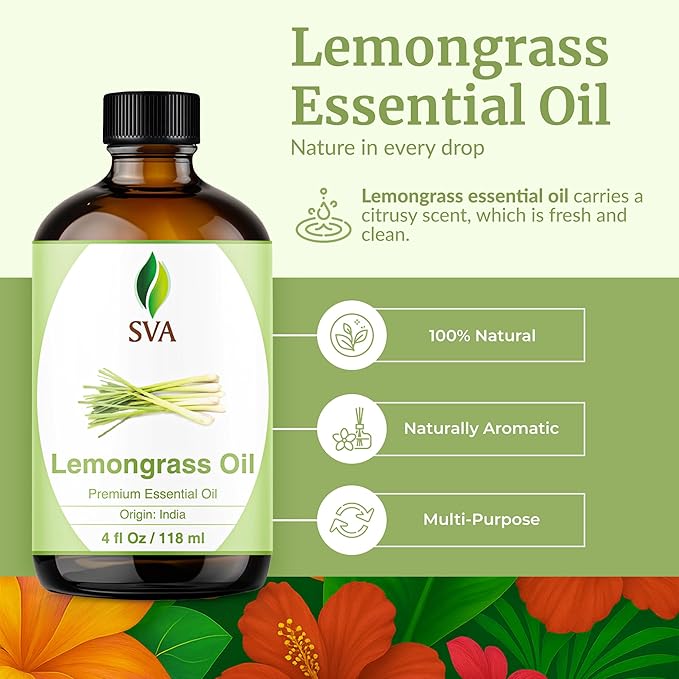 SVA Lemongrass Essential Oil 4 Fl Oz – for Diffuser, Skin & Hair Care – Ideal for Massage & DIY Blends - with Dropper