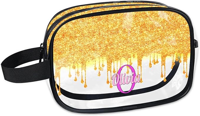KFNHN Personalized Clear Makeup Bag with Name, Best Friends Teen Women Mom Birthday Gift PVC Cosmetic Toiletry Travel Bag for Toiletries, Gold Color Bling Glittering