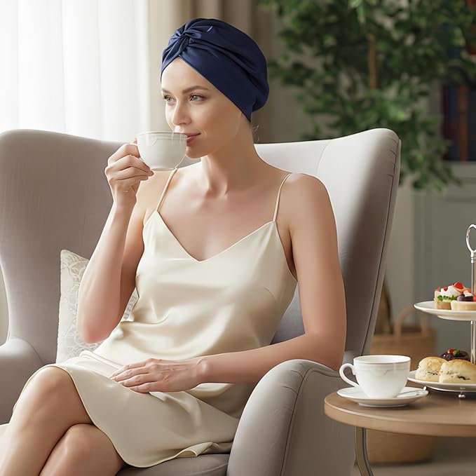 SYSERAN 100% Mulberry Silk Bonnet for Sleeping - Women Natural Curly Hair Night Cap Luxury Sleep Head Wrap with Elastic Band(Navy Blue)