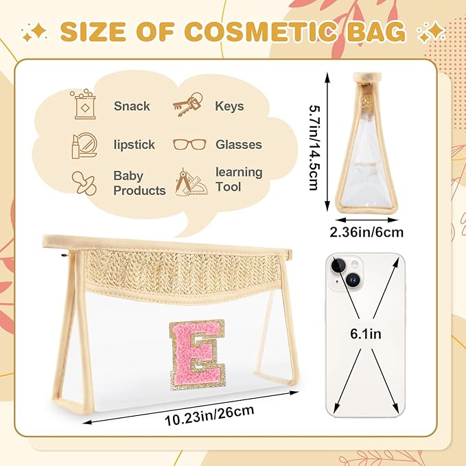 Small Boho Straw Initial Letter Makeup Bag Personalized Gift,Cute Clear Chenille Patch Makeup Bag With Zipper,Trendy TSA Approved Travel Toiletry Bag,Gift for Women Girls Birthday Friend, Letter E