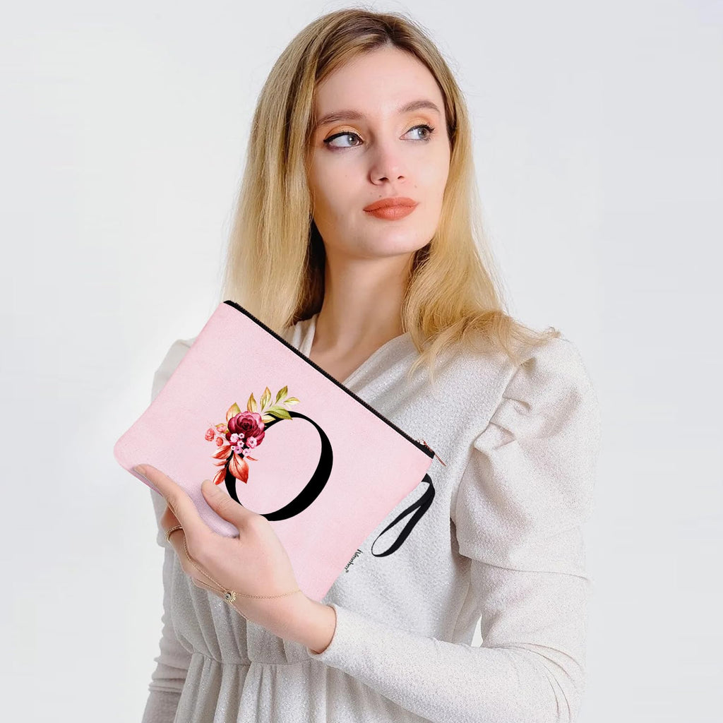 Vavabox A-Z Personalized Makeup Bag, Birthday Gifts for Women Mom, Gifts for Best Friend, Bride Bridesmaid Cosmetic bag (O, 06-Pink)