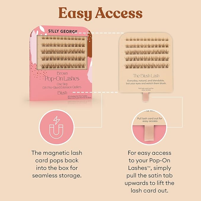 Silly George Pop-On Lashes - DIY 1-Step Pre-Glued Faux Eyelash Clusters, Natural Look Extensions, Light Brown - Blush, 5-7 Pair Set, Pack of 60 Clusters