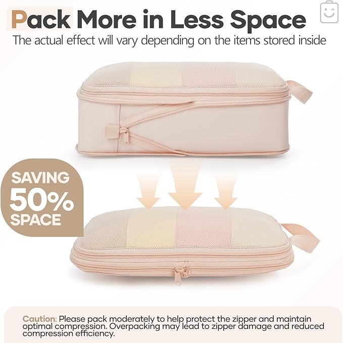 Veken 11 Set Compression Packing Cubes Garment Bags for Travel Essentials,Compressible Expandable Luggage Organizer Bags for Clothing,Space Saver Bags with Over 1000 pcs of Mesh Holes(Beige)