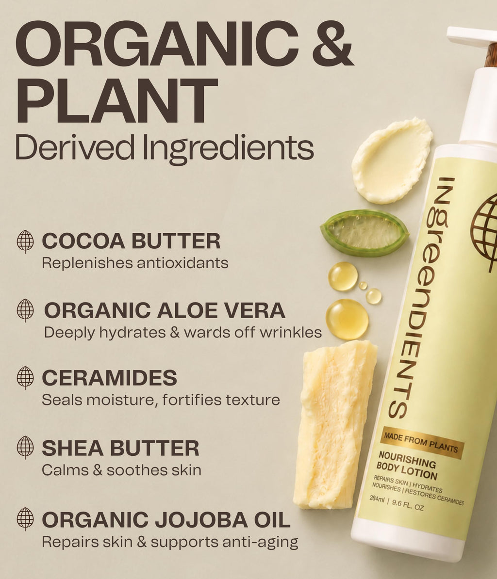Ingreendients Hand & Body Lotion With Organic Cocoa Butter & Shea Butter - With Ceramides, Moisturizes and Rejuvenates Skin, Natural, Non Toxic, Vegan