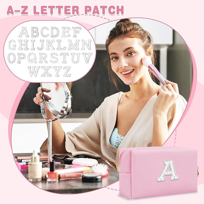 ChaoGreat Bride Gifts – Personalized Initial Makeup Bag with Pearl Rhinestone Patch, Preppy Pink Monogram Cosmetic/Toiletry Pouch, bridesmaid Gifts, Bridal Shower Gifts, Wedding Gifts, Bridal Gifts,A