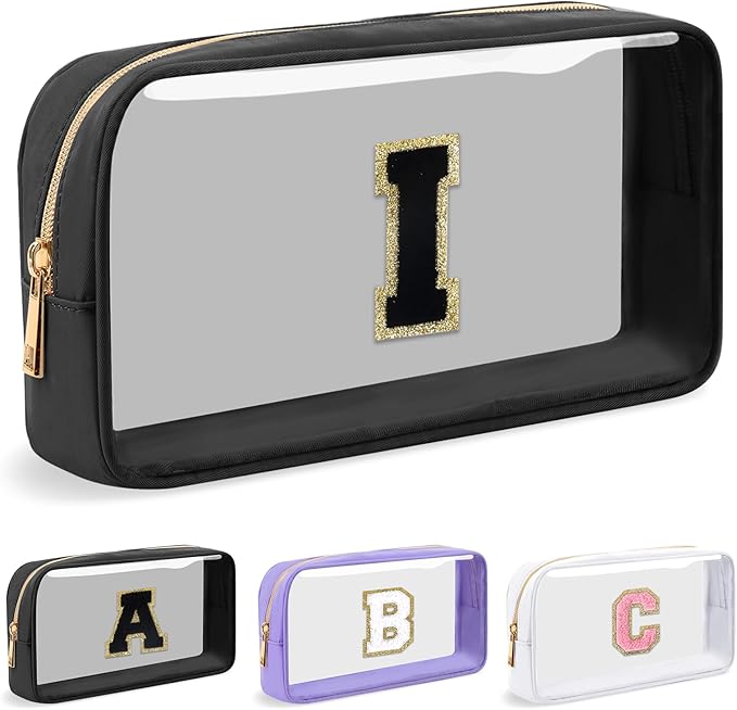 UIXIZQ Personalized Initial Letter Clear Makeup Bag,Preppy Small Nylon&PVC Cosmetic Zipper Bag with Chenille Letter,Travel Skincare Toiletry Bag,Monogram Christmas Gift for Teen Girls Women,I
