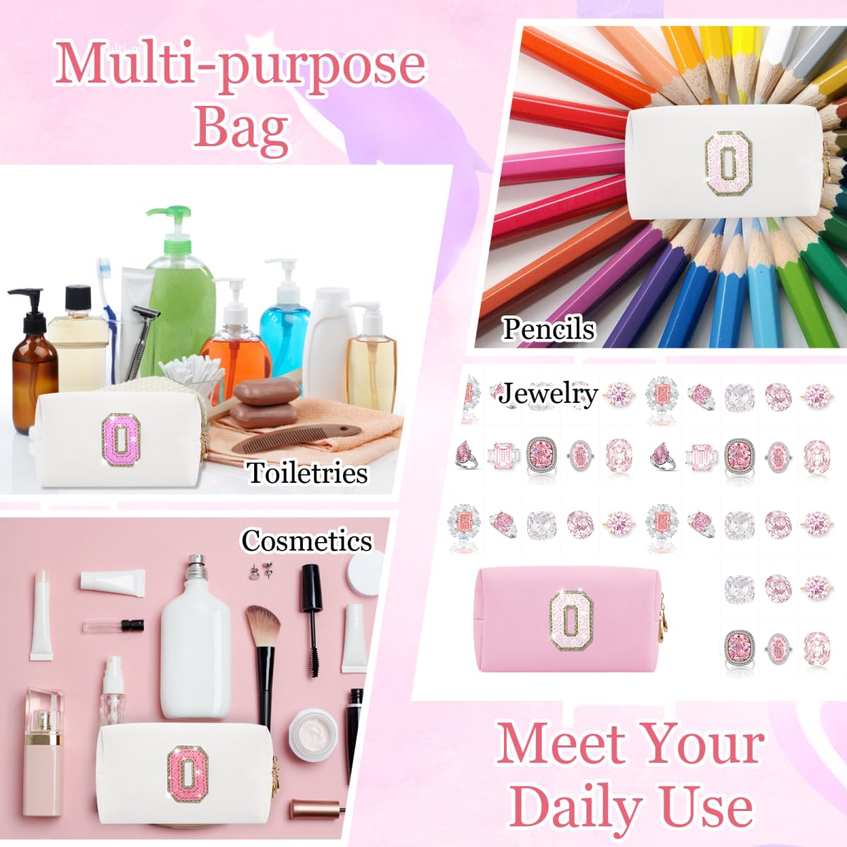 Glitter Initial Letter Makeup Bag, Small Personalized Sequins Letters PU Leather Cosmetic Bag Portable Waterproof Makeup Zipper Pouch, Shine Handbag Organizer Travel Bag Gifts for Women&Girls(White-O)