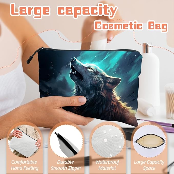 Scribesense Cosmetic Bags Travel Makeup Toilet Case Waterproof Pouch for Women Girls 6.7X9.45inches - Wolf Howling Against A Mysterious Night Sky
