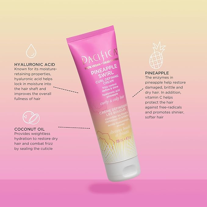 Pacifica Pineapple Swirl Curl Defining Cream – Bounce, Frizz Control & Curl Enhancer Styling Cream for Curly Hair & Wavy Hair – Coconut Oil & Hyaluronic Acid For No-Crunch Hold – Cruelty-Free – 4-oz