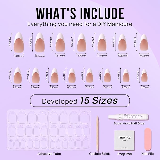 BTArtbox Press On Nails, Capable, Medium Almond, White French Tip, 32Ct