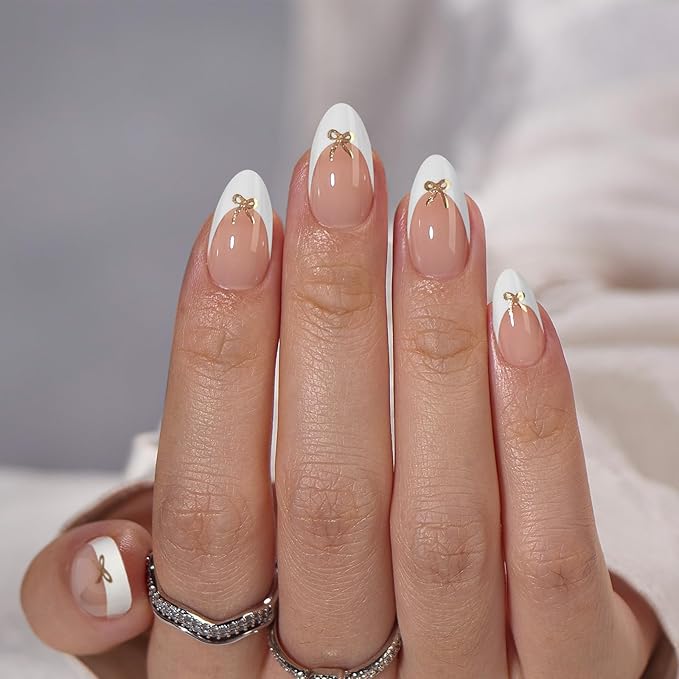 BTArtbox Press On Nails, Dinner Star, Short Almond, White French Tip, 32Ct