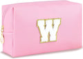 URSKYTOUS Initial Makeup Bag Personalized Preppy Travel Small Cosmetic Bag Cute PU Pink Chenille Letter Makeup Pouch for Purse Waterproof Zippered Toiletry Organizer for Women Girls Kids Friends (W)