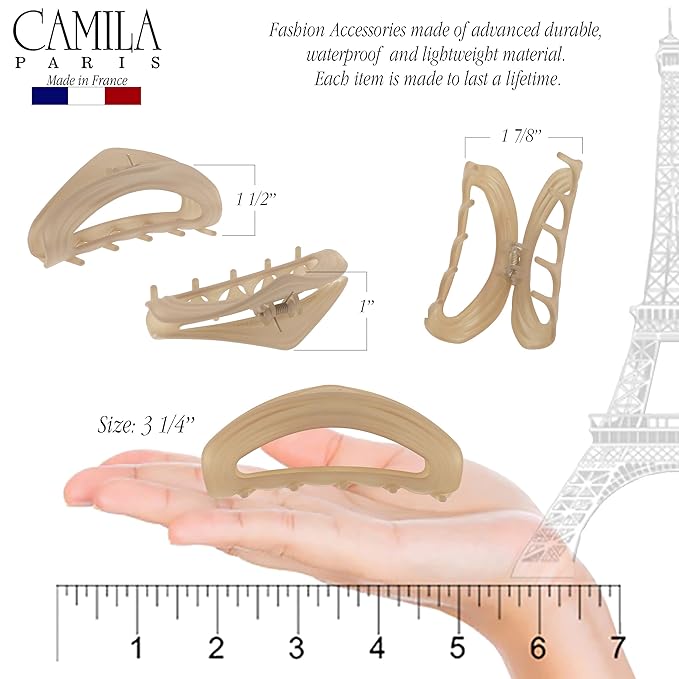Camila Paris CP3528 French Hair Clips for Women, 3" Beige, Medium Claw Clip Strong Hold All Day, No Damage No Slip Claw Clips for Thick Curly Wavy Fine Straight Hair, Jaw Clip Made in France
