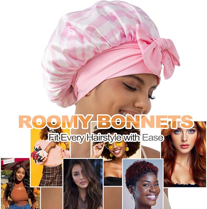 GDTOGRT Satin Silk Bonnet for Sleeping Women, Double Layer Sleep Hair Bonnets Caps for Curly Natural Hair with Tie Band - Pink Stripe
