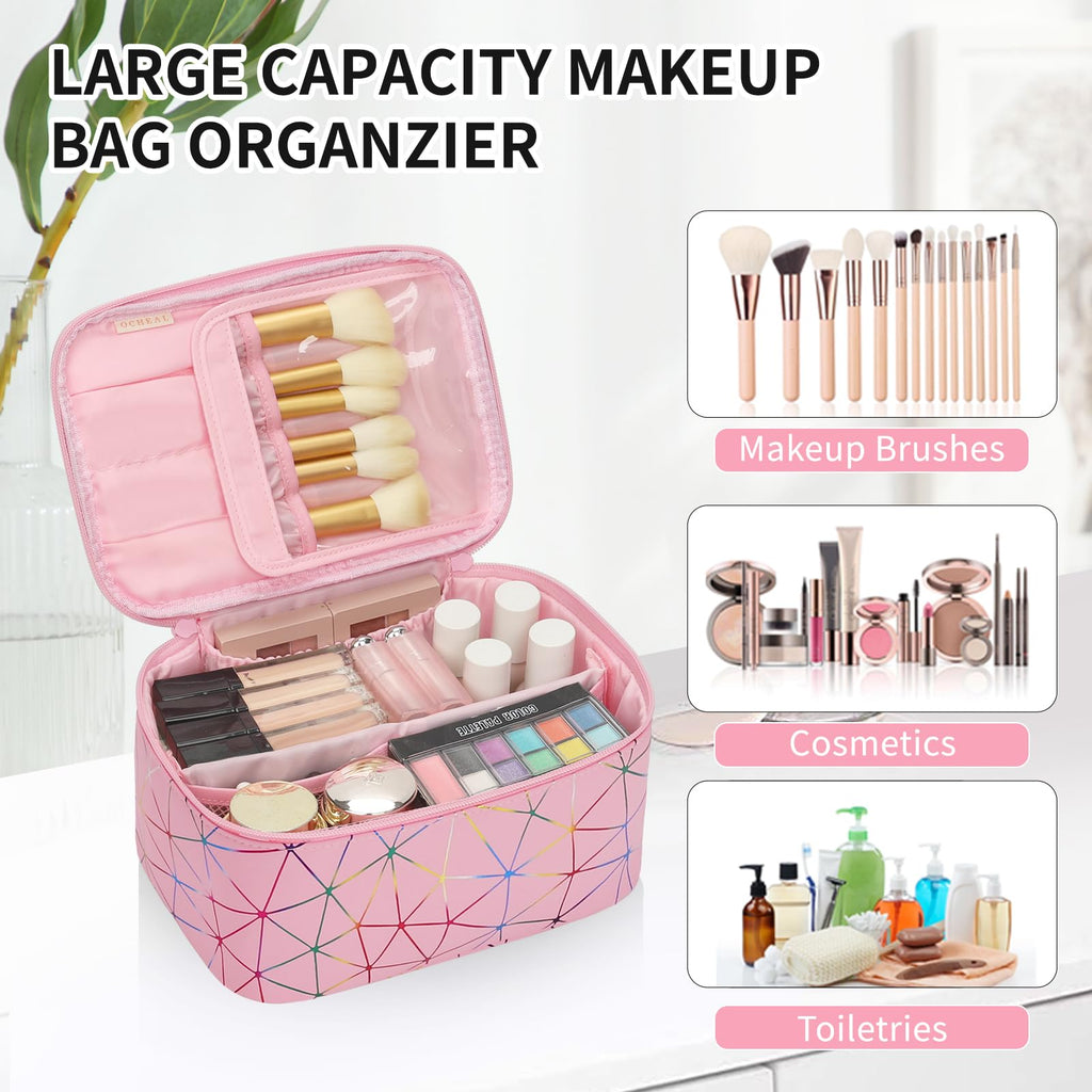 OCHEAL Makeup Bag - Portable Large Capacity Travel Cosmetic Case for Women with Handle and Divider Toiletry Organizer for Girls on the Go -Geometric Pink