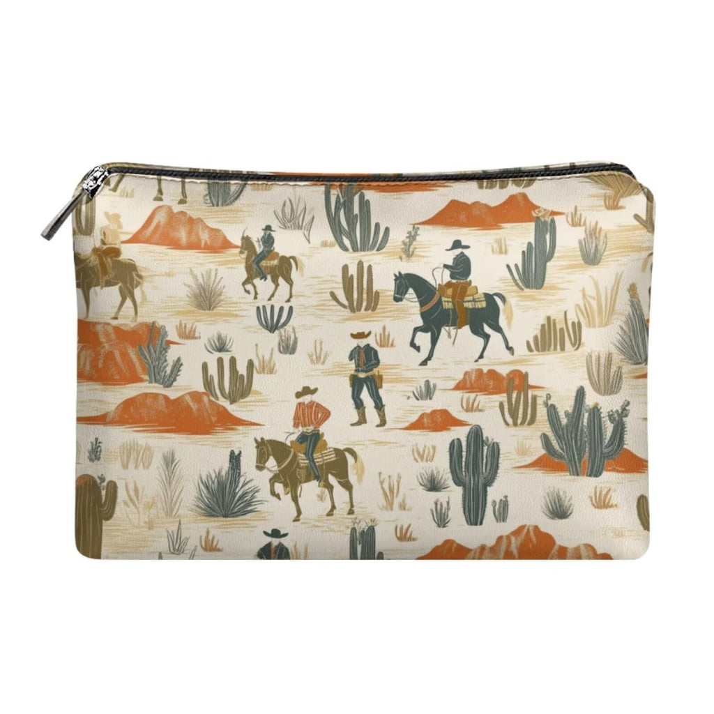COEQINE Leather Cosmetic Purses for Women Western Purse Aztec Cltuch Wallet Travel Makeup Bag With Zipper Portable Cosmetic Pouch for Ladies Cell Phone Case,Cactus Race Horse Pattern