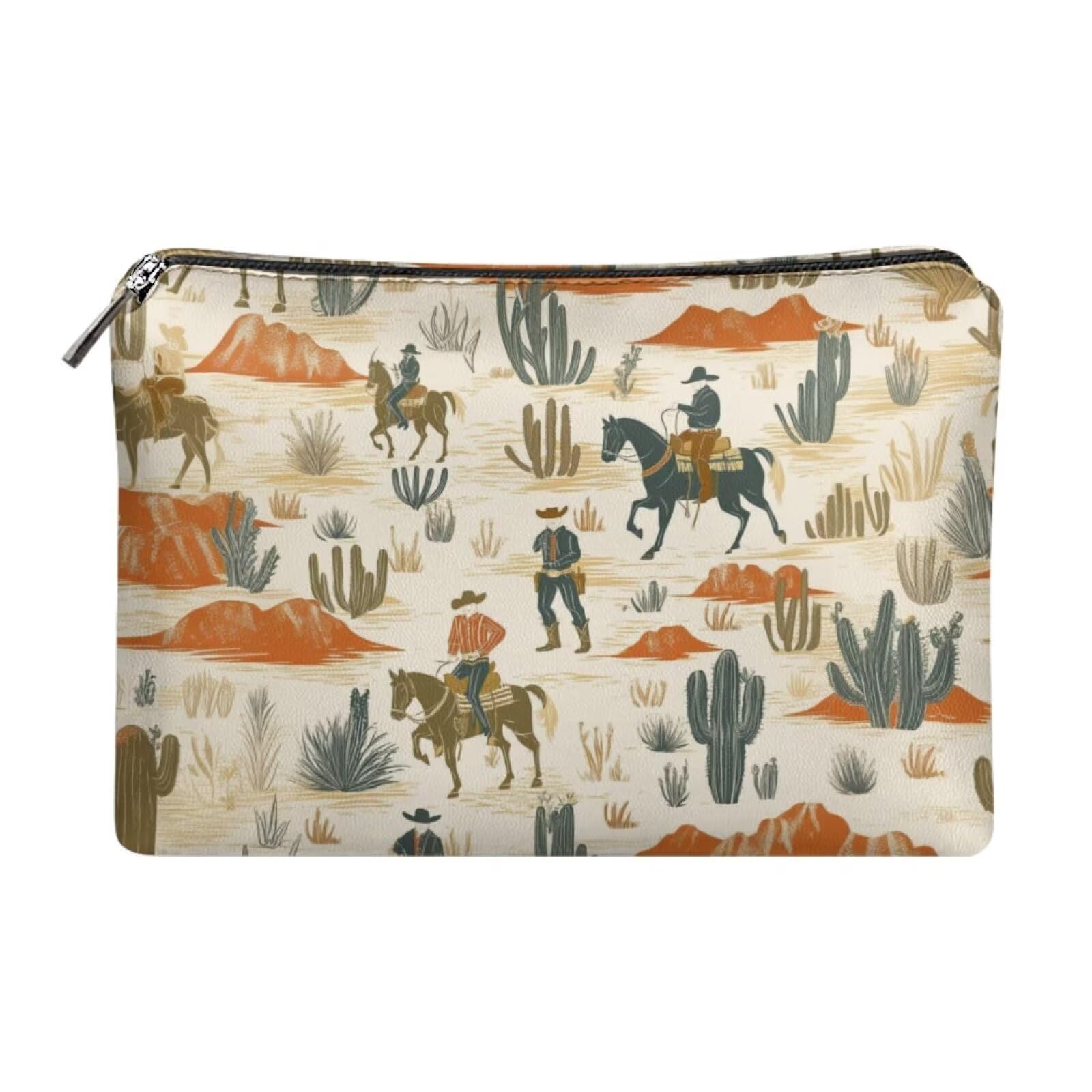 COEQINE Leather Cosmetic Purses for Women Western Purse Aztec Cltuch Wallet Travel Makeup Bag With Zipper Portable Cosmetic Pouch for Ladies Cell Phone Case,Cactus Race Horse Pattern
