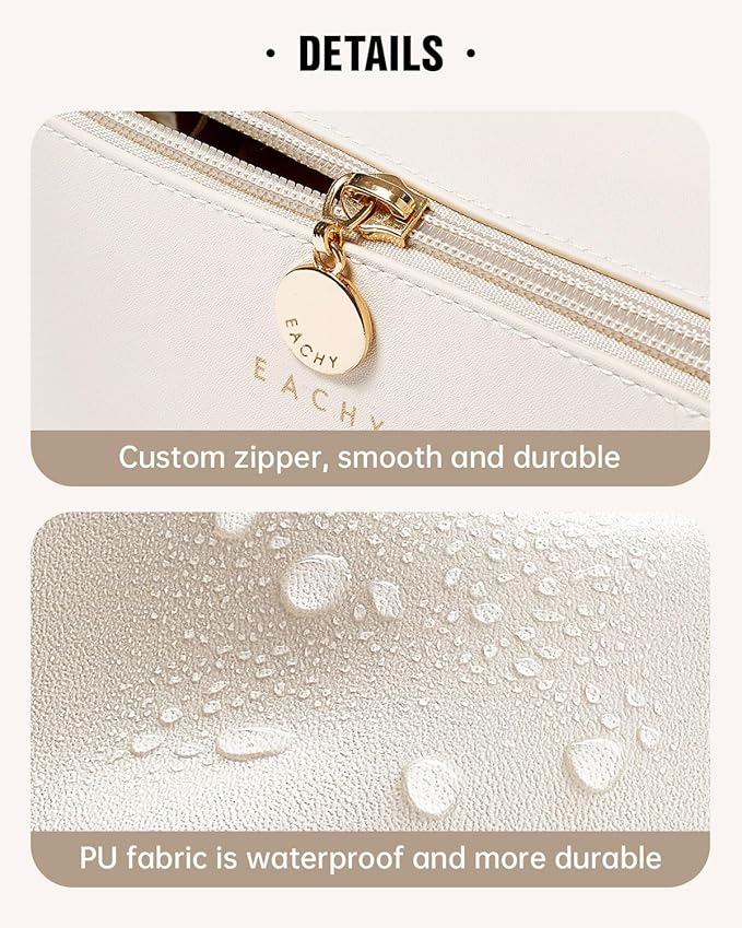 EACHY Travel Makeup Bag, Large Capacity Cosmetic Bags for Women, Waterproof Portable Open Flat Toiletry Bag Make up Bag with Divider and Handle, Christmas Gifts (White, Medium)