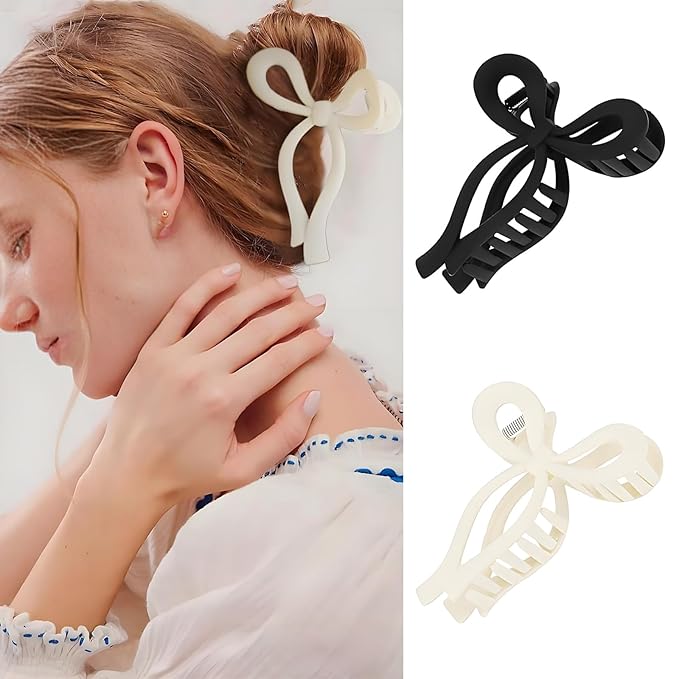 Oneasmot Bow Hair Clips, 5-IN Large Hair Claw for Thick and Thin Hair, Elegant Matte Hair Styling Accessories, Set of 2, Black & White