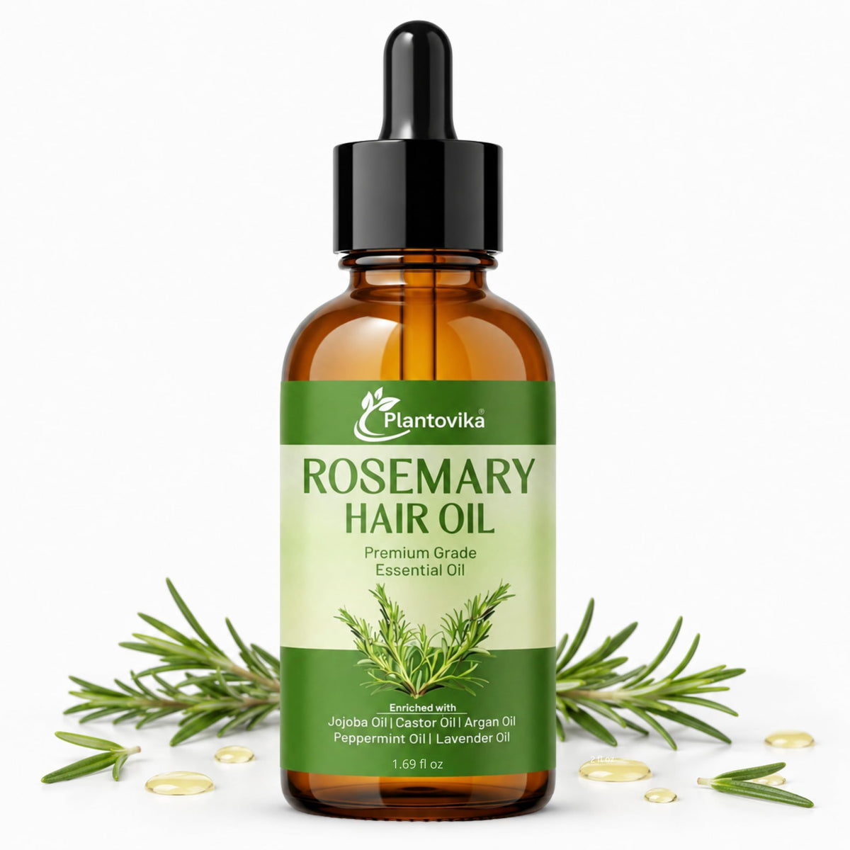 Plantovika Rosemary Oil for Hair Growth, Enriched with Jojoba, Castor, Argan, Peppermint & Lavender Oils, Scalp & Hair Strengthening Treatment, 1.69 oz