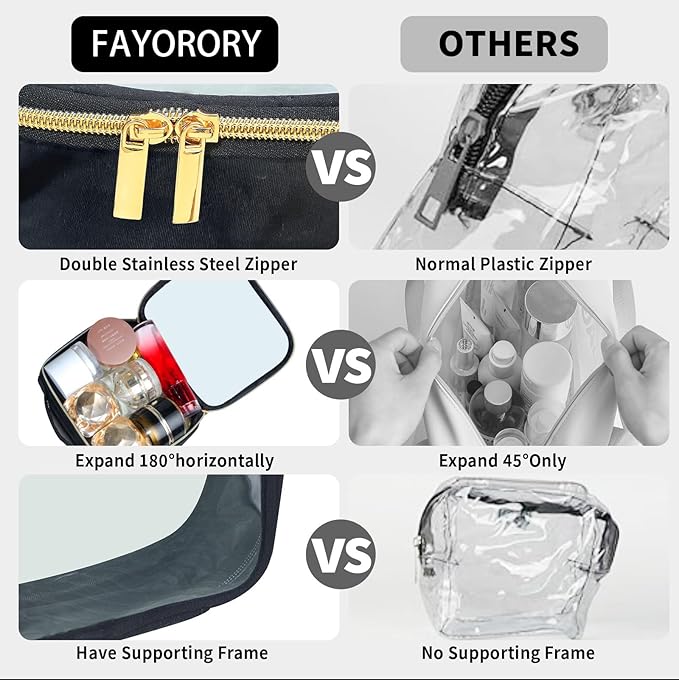FAYORORY TSA Approved Travel Toiletry Bag,2 Pack Clear Makeup Bags with Handles,Quart Size Clear Cosmetic Bags for Traveling Women,Men,Carry on Airport Airline Compliant Bag,Black