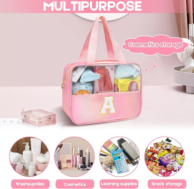 Personalized Initial A Clear Purple Makeup Bag - Large Travel Toiletry Bag, Cute Cosmetic Organizer Set for Girlfriend, Teacher, Teen Girl Gifts