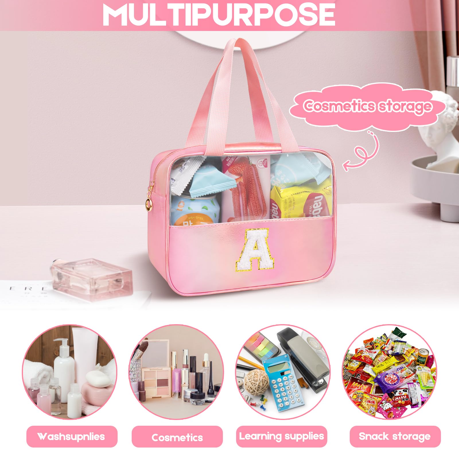Personalized Initial Clear Makeup Bag Pink Cosmetic Bag Set Large Travel Toiletry Bag, Cute Clear Make Up Bags Organizer Bag for Girlfriend Teacher Gifts Teen Girl Gifts Trendy Stuff R (Pink)