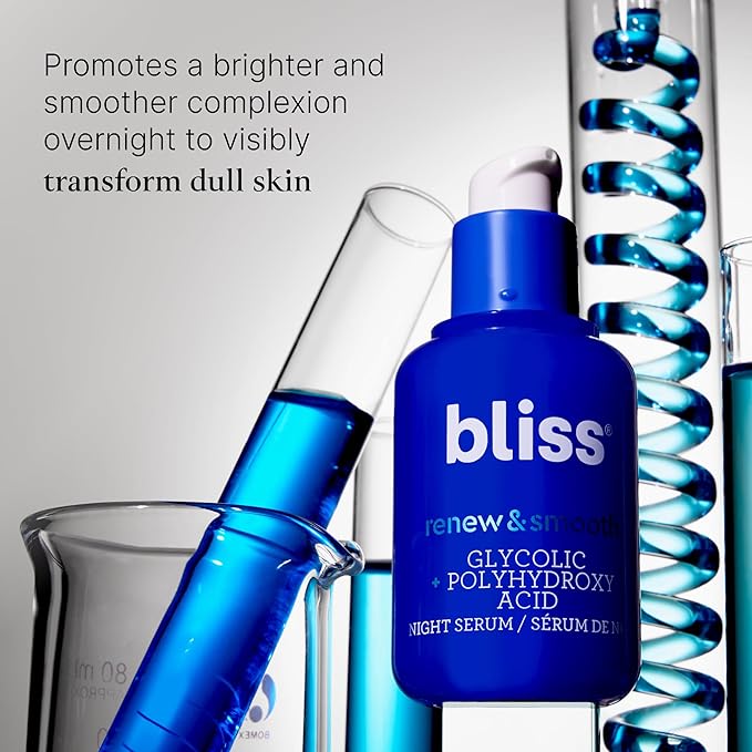 Bliss Renew & Smooth Night Serum – Glycolic Acid + Polyhydroxy Acid Exfoliating Serum – Resurfaces Skin, Smooths Texture & Brightens Tone Overnight – 1 Fl Oz