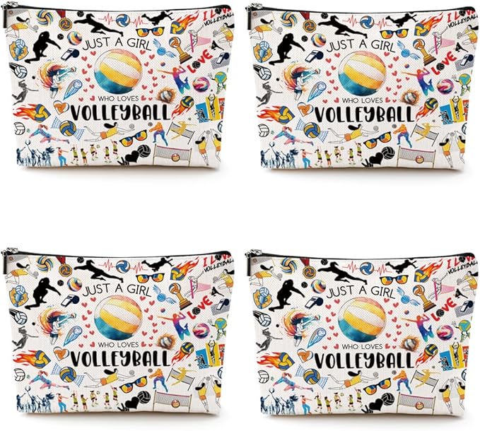 CQM 4pcs Volleyball Cosmetic Bag for Women, Volleyball Makeup Bag Pouch Accessories for Players Teams Stuff, Sport Party, Birthday Graduation Gifts for Her Women Friends