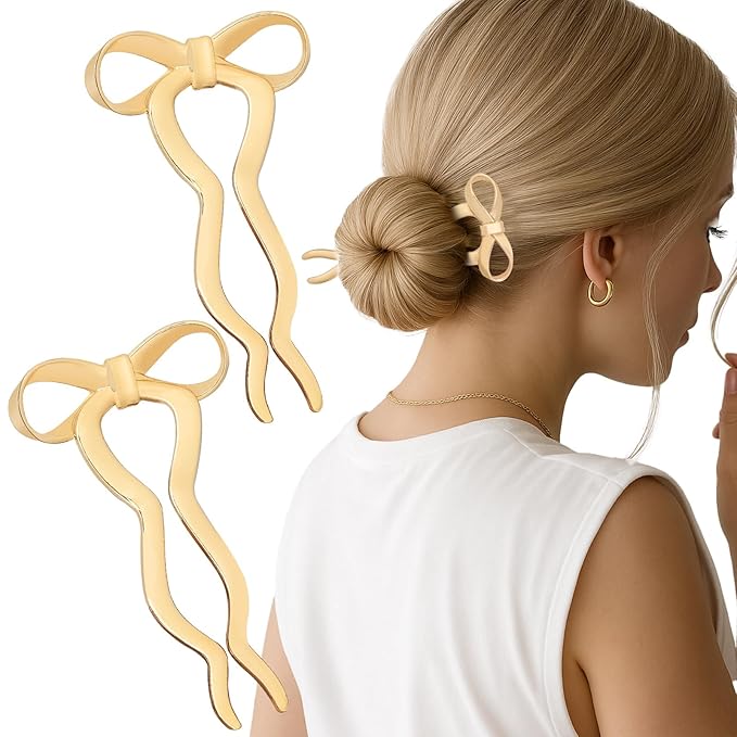 JIRIS 2PCS 5.5Inch Bow French Hair Pins Large U-Shaped Pins for Women and Girls Fashion Metal Hair Pin French Twist Hair Pins for Buns, Updos,Stylish and Functional(set5-gold)