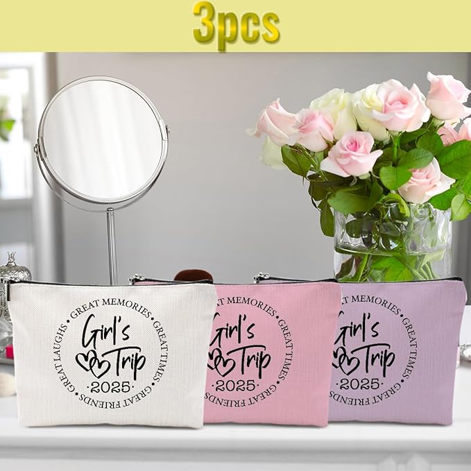 BQXH 3 Pcs Girls Trip Gifts Favors, Girls Weekend Gifts Makeup Bag, Bestie Weekend Bag Toiletry Bag with Liner, Vacation Cosmetic Bag, Friendship Gift for Women Friend Sister, Graduation Gift